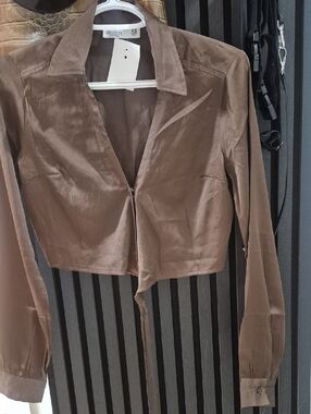 Hollister Brown Satin-Look Cropped Button Shirt